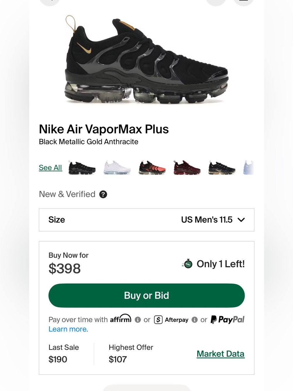 Nike Air VaporMax Plus “Black Metallic Gold Anthracite” Men’s Size 11.5 - Picture 9 of 9